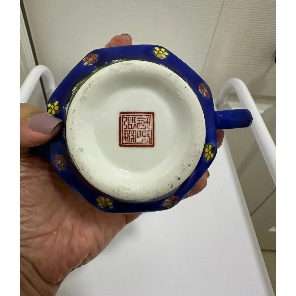 Vintage Chinese Hand Painted Porcelain Hexagonal Teapot Blue White Lanterns Good